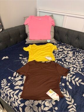 Girls Short Sleeve Ribbed Tee Trio - Pink, Yellow & Brown
